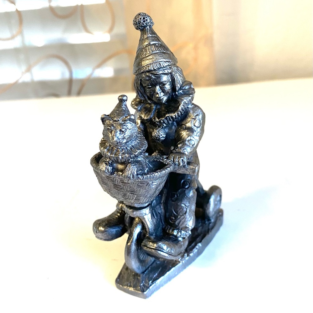 Vintage Silver Pewter Figurine of Girl in clown outfit, tricycle, kitty cat